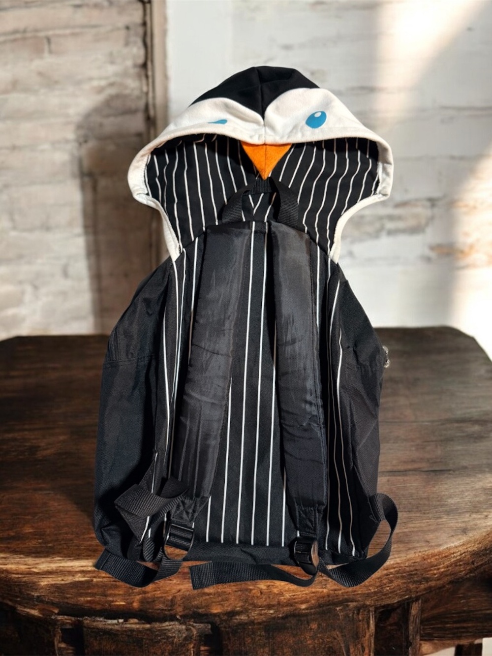 Unique Penguin Hooded Backpack Black White Pinstripe Novelty Character Bag